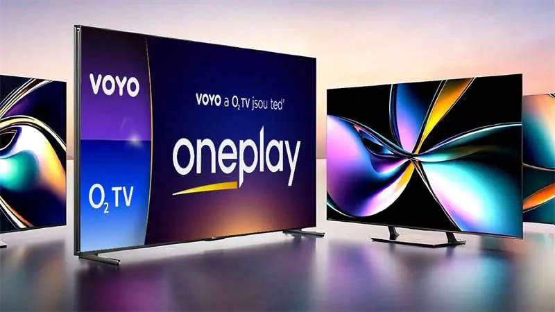 Televizní obrazovka s logem OnePlay, VOYO a O2 TV – nové sjednocené streamovací platformy pro sledování českých pořadů online.