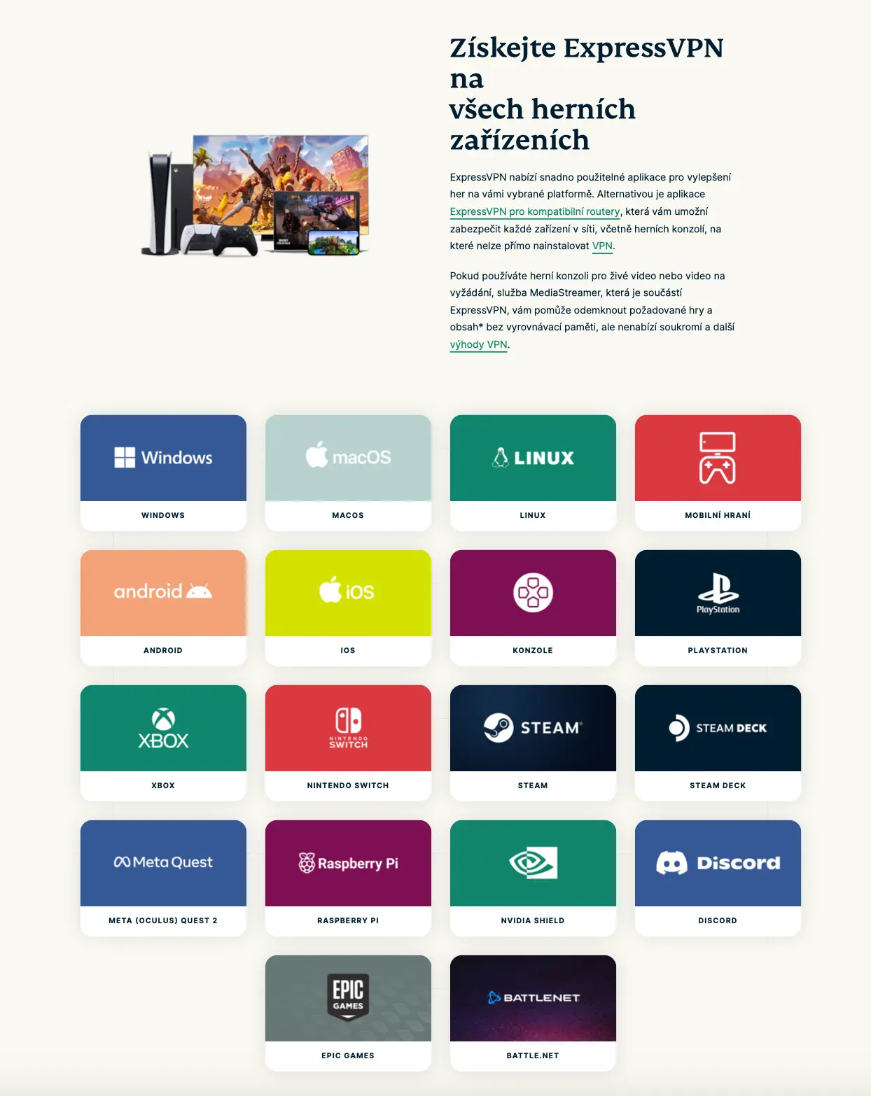 Kompatibilita ExpressVPN s herními platformami – Windows, macOS, Linux, Android, iOS, Xbox, PlayStation, Steam, Nintendo Switch, Meta Quest a další.