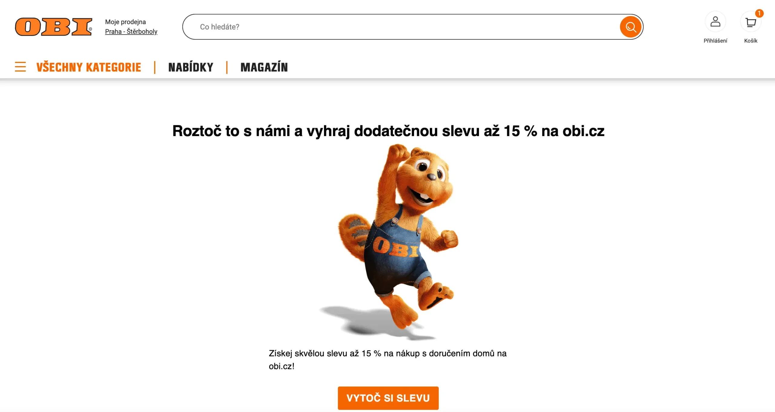 Maskot OBI ve skoku s radostí při akci Kolo štěstí – sleva až 15 % na nákup s doručením domů na OBI.cz