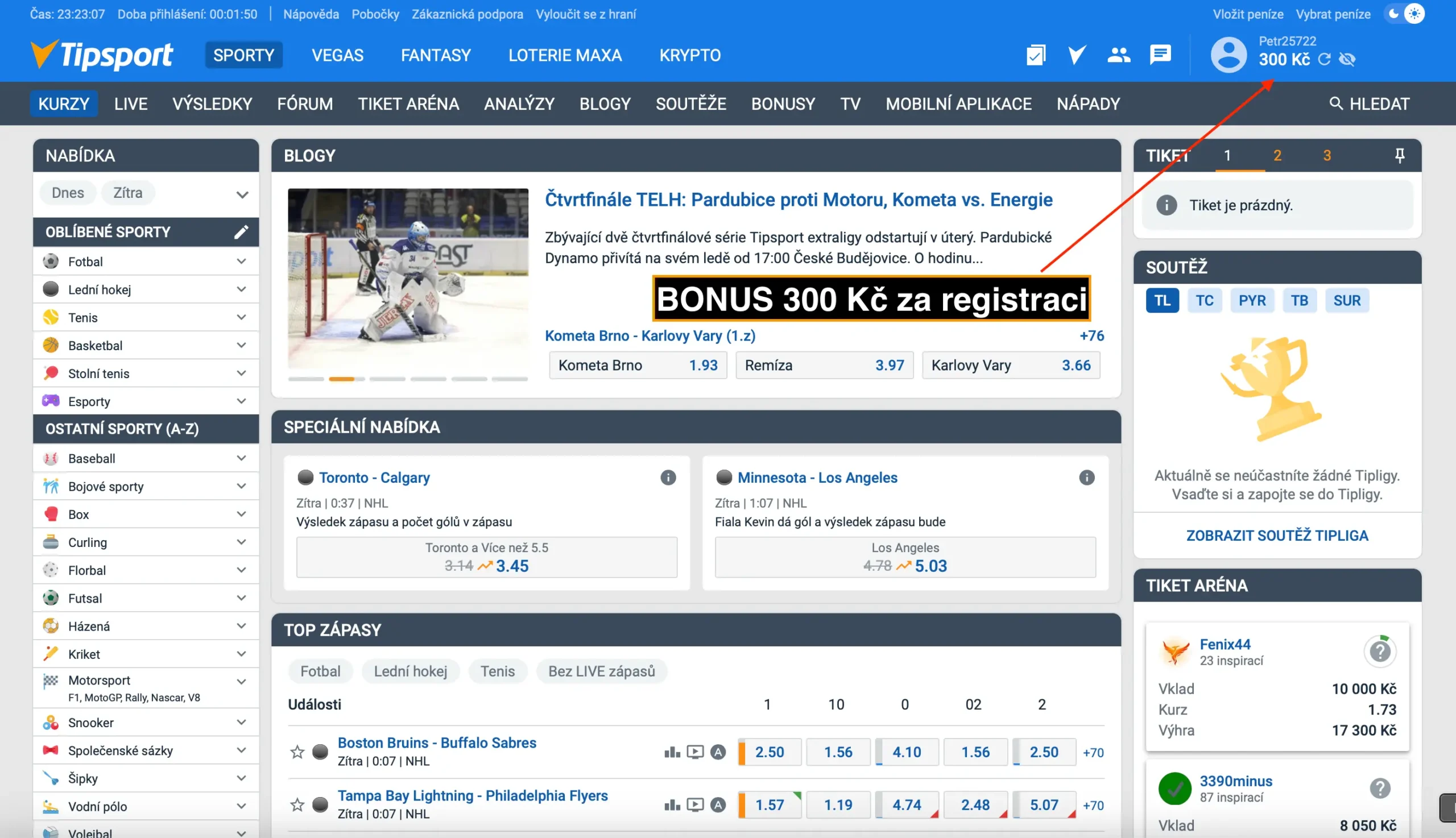 Uživatelské rozhraní Tipsportu po registraci – potvrzený bonus 300 Kč zdarma, zobrazený v pravém horním rohu účtu.