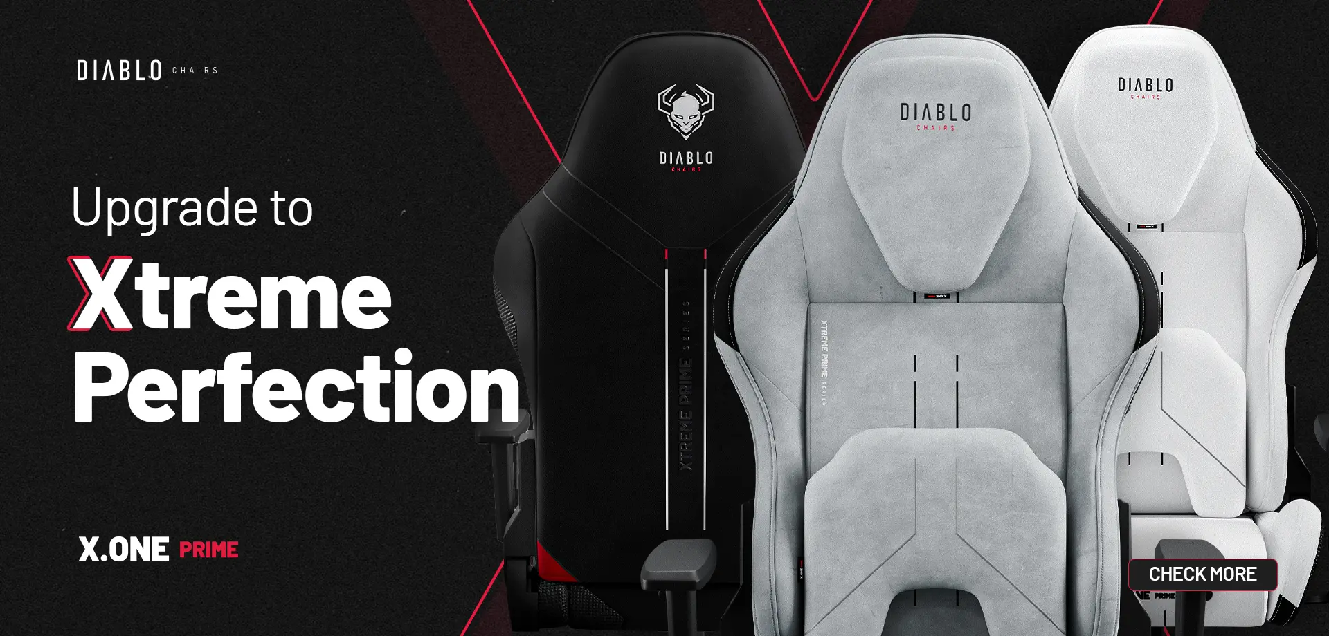 Prémiové herní židle Diablo X-One Prime v černé a světle šedé barvě s nápisem „Upgrade to Xtreme Perfection“ na černém pozadí.