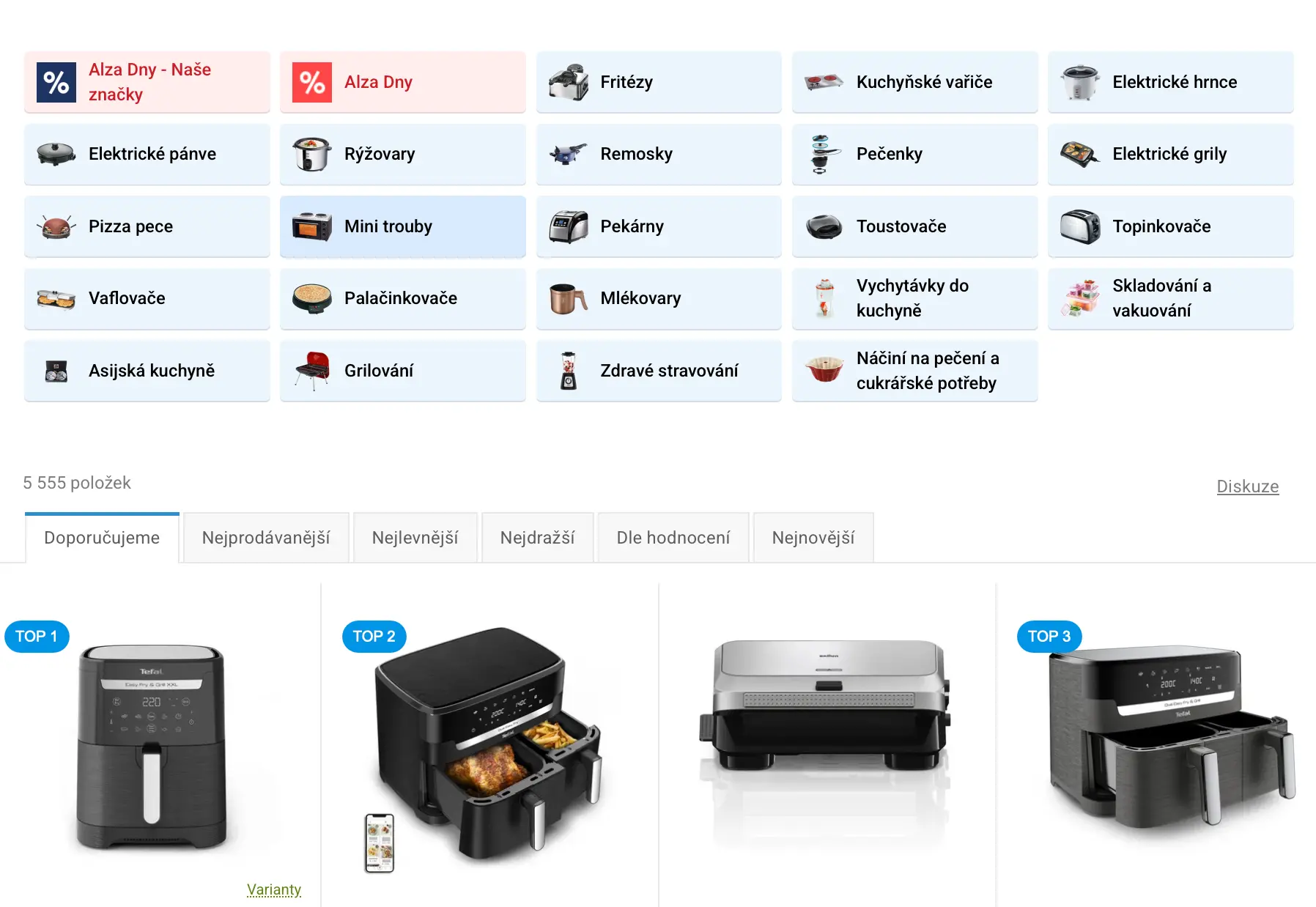 Nabídka kuchyňských spotřebičů v rámci akce Alza Dny. Kategorie zahrnují fritézy, elektrické pánve, mini trouby, grily, toustovače a další kuchyňské vybavení. Zobrazeny jsou také nejlépe hodnocené produkty, včetně horkovzdušných fritéz a multifunkčních kuchyňských přístrojů.
