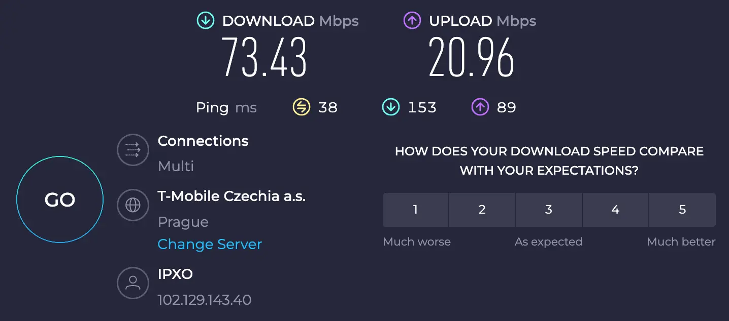 Měřicí obrazovka speedtestu se serverem T-Mobile Czechia v Praze, stahování 73,43 Mbps, nahrávání 20,96 Mbps, ping 38 ms.